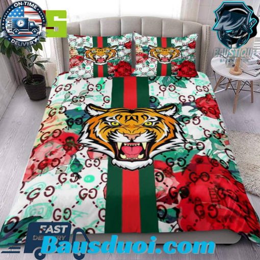 Gucci Tiger Red Roses Green And White Bedding Set