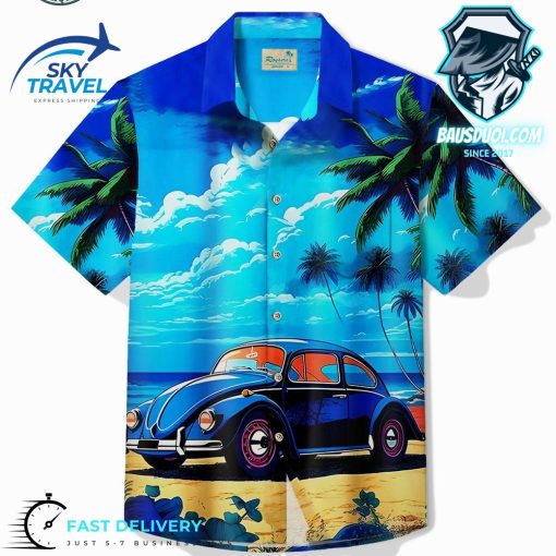 Coconut Tree Car Print Button Pocket Hawaiian Shirt