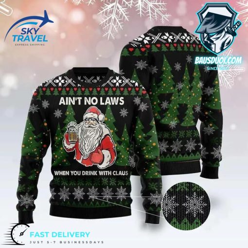 Merry Christmas Santa And Beer Aint No Laws When Youre Drinking With Claus For Christmas Gifts Ugly Christmas Wool Knitted Sweater