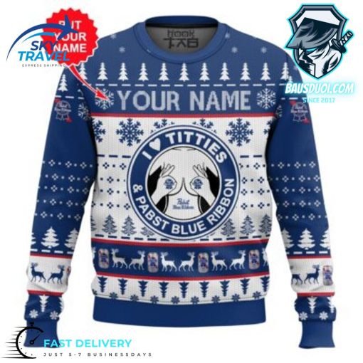 Custom Name Pabst Blue Ribbon Titties Funny Ugly Sweater