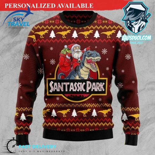 Santa Riding Dinosaur T Rex Santassic Park Christmas Sweater Ugly Christmas Sweater